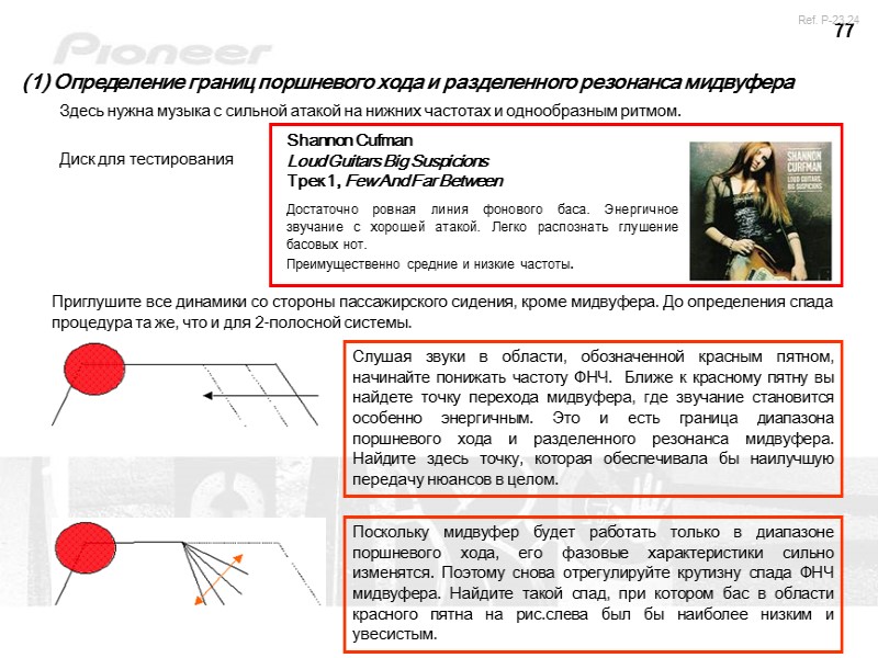 77 Приглушите все динамики со стороны пассажирского сидения, кроме мидвуфера. До определения спада процедура